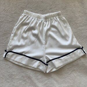 White satin silky high waist mini pajama shorts with navy stripe pearls | O/S